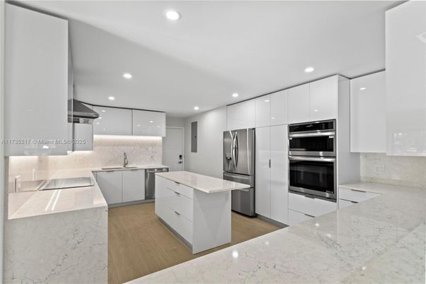 Interior, Kitchen, Recessed Lighting, Stainless Steel Appliances, Wood Texture Flooring