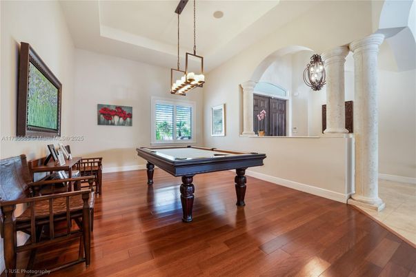 Billiard Table, Chandelier, Game Room, Interior, Pendant Lights, Wood Texture Flooring