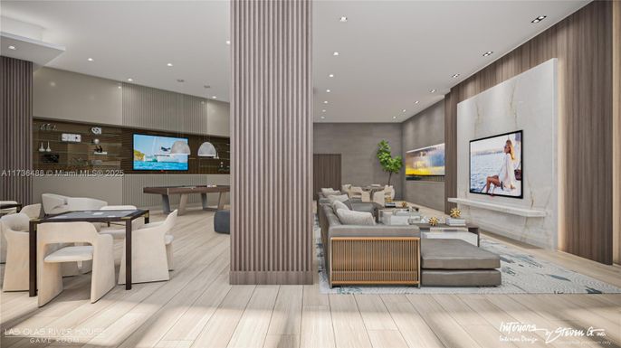 Dining room, Interior, Living room, Recessed Lighting, Wood Texture Flooring