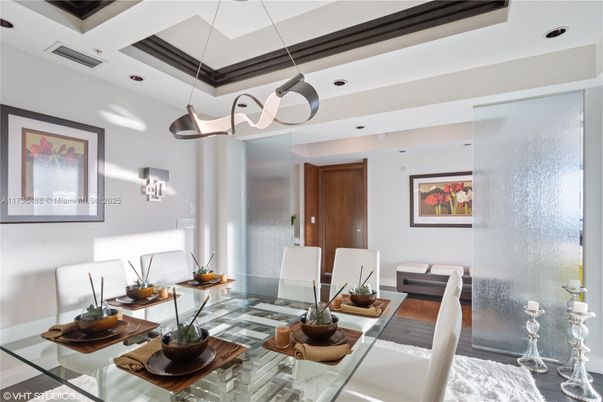 Dining room, Interior, Pendant Lights, Recessed Lighting, Wood Texture Flooring