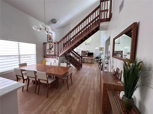 Dining room, Interior, Pendant Lights, Wood Texture Flooring