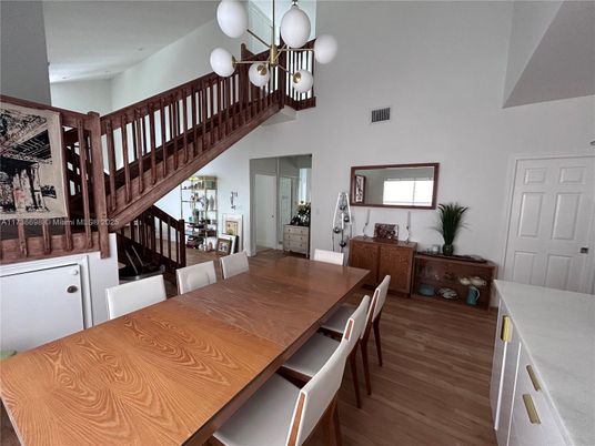 Dining room, Interior, Pendant Lights, Wood Texture Flooring