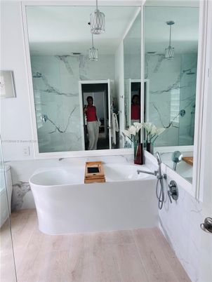 Bathroom, Free Standing Baths, Interior, Marble Walls, Pendant Lights, Wood Texture Flooring
