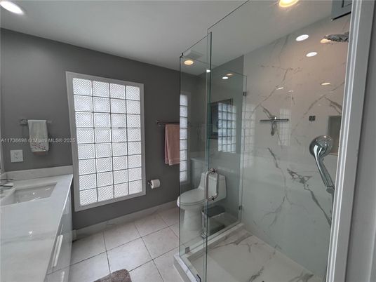 Bathroom, Glass Shower, Interior, Marble, Marble Walls, Recessed Lighting