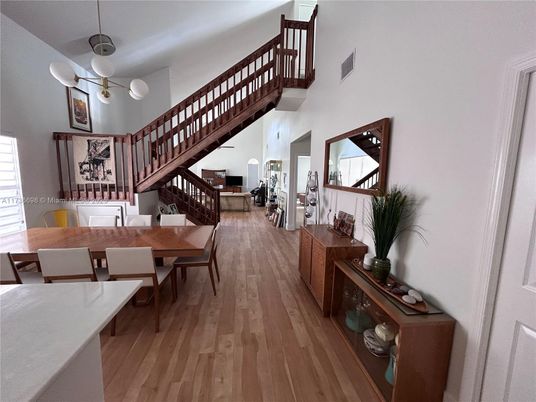 Dining room, Interior, Pendant Lights, Wood Texture Flooring