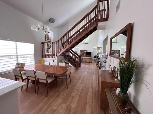 Dining room, Interior, Pendant Lights, Wood Texture Flooring