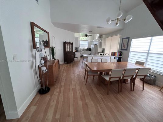 Dining room, Interior, Kitchen, Pendant Lights, Wood Texture Flooring