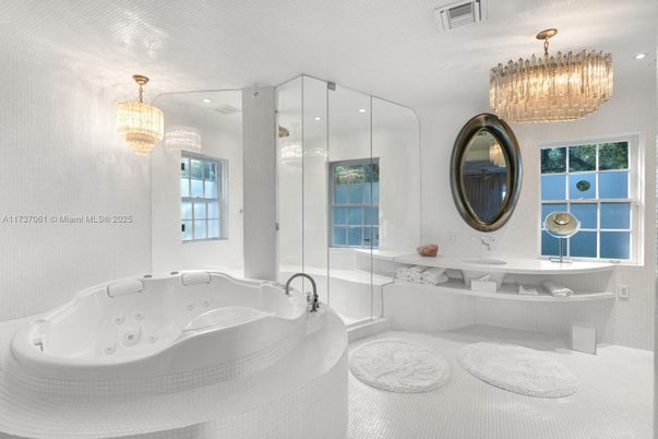 Bathroom, Chandelier, Glass Shower, Interior, Recessed Lighting