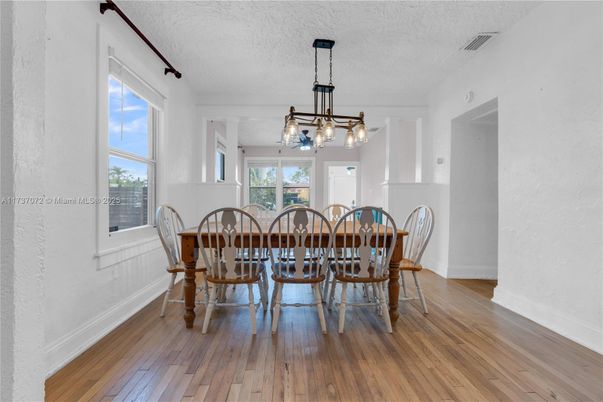 Dining room, Interior, Pendant Lights, Wood Texture Flooring