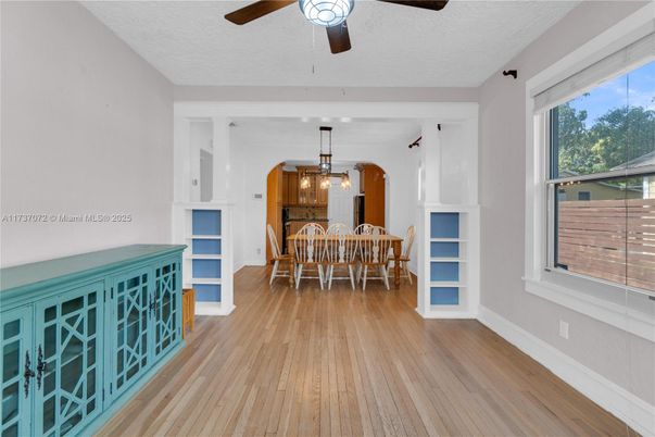 Dining room, Interior, Pendant Lights, Wood Texture Flooring
