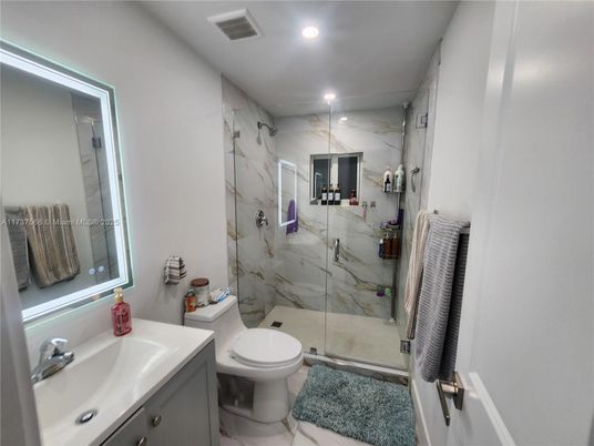 Bathroom, Glass Shower, Interior, Marble Walls, Recessed Lighting