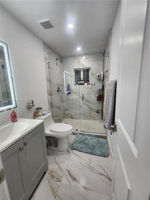 Bathroom, Glass Shower, Interior, Marble, Marble Walls, Recessed Lighting