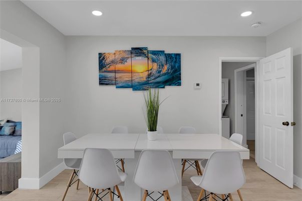 Dining room, Interior, Recessed Lighting, Wood Texture Flooring