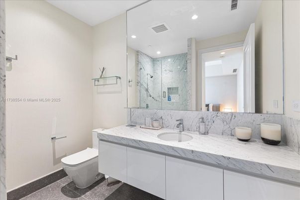 Bathroom, Glass Shower, Interior, Marble Walls, Recessed Lighting