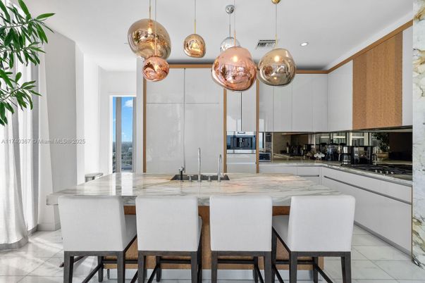Interior, Kitchen, Marble, Pendant Lights, Recessed Lighting, Stainless Steel Appliances