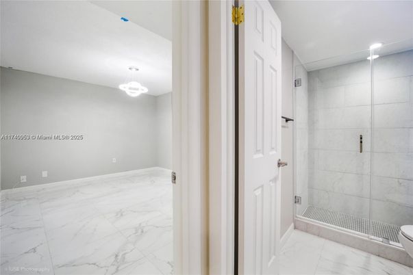 Bathroom, Glass Shower, Interior, Marble, Pendant Lights