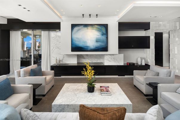 Interior, Living room, Marble Walls, Recessed Lighting, Wood Texture Flooring