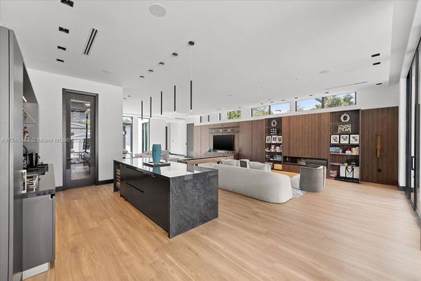 Interior, Kitchen, Living room, Pendant Lights, Recessed Lighting, Wood Texture Flooring