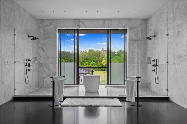 Bathroom, Glass Shower, Interior, Marble Walls, Recessed Lighting