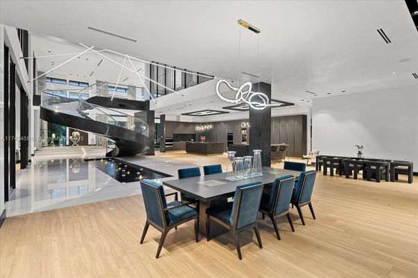 Dining room, Interior, Living room, Pendant Lights, Recessed Lighting, Wood Texture Flooring