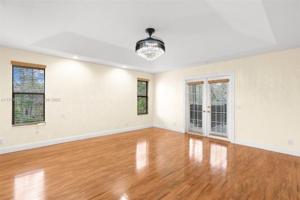 Chandelier, Empty room, Interior, Recessed Lighting, Wood Texture Flooring