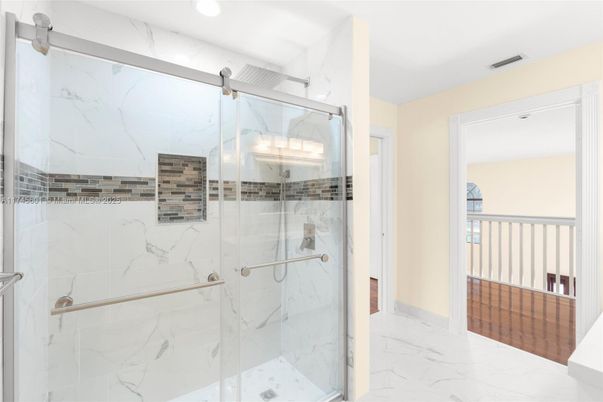 Bathroom, Glass Shower, Interior, Marble, Marble Walls, Recessed Lighting