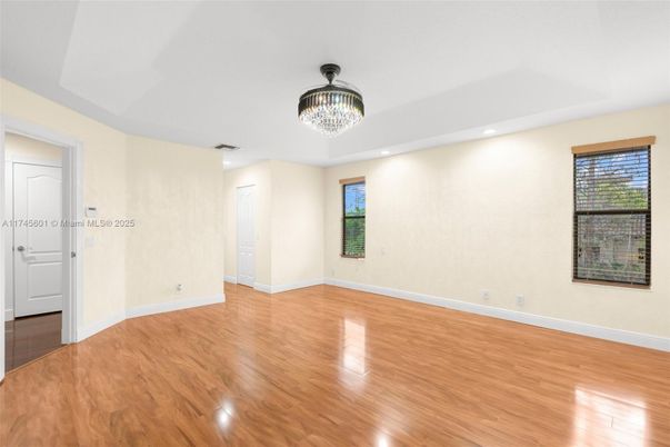 Chandelier, Empty room, Interior, Recessed Lighting, Wood Texture Flooring