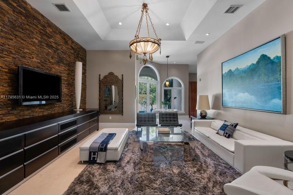 Interior, Living room, Pendant Lights, Recessed Lighting, Stone Walls