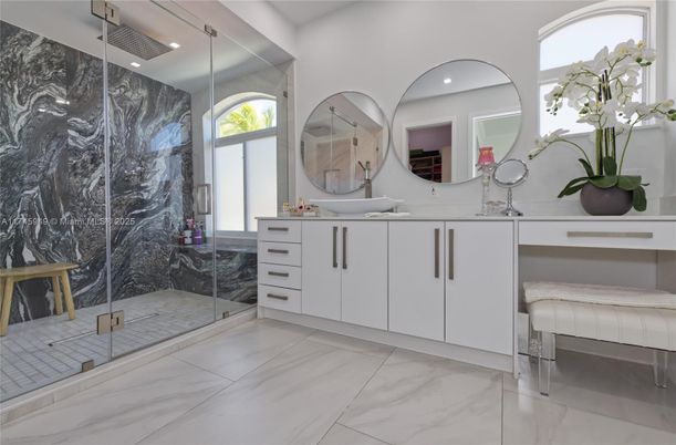 Bathroom, Dual Sink Vanities, Glass Shower, Interior, Marble, Marble Walls, Recessed Lighting