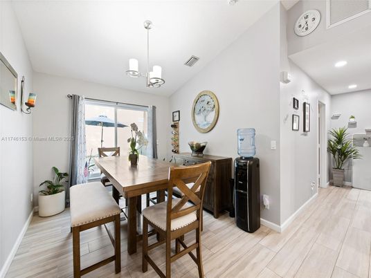 Dining room, Interior, Pendant Lights, Recessed Lighting, Wood Texture Flooring