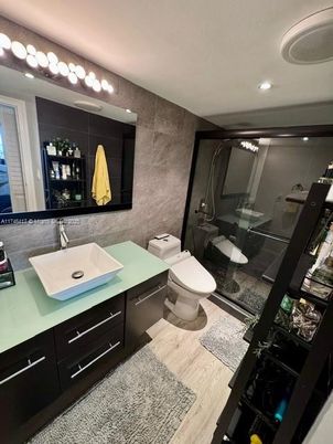 Bathroom, Glass Shower, Interior, Recessed Lighting, Wood Texture Flooring