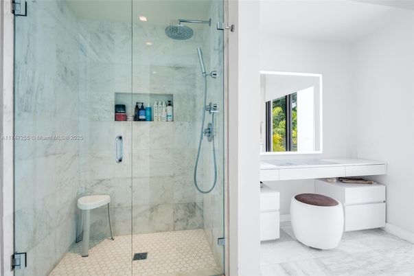Bathroom, Glass Shower, Interior, Marble, Marble Walls, Recessed Lighting