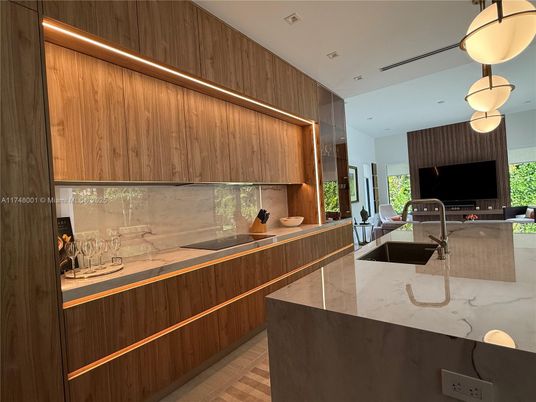 Interior, Kitchen, Pendant Lights, Recessed Lighting, Wood Texture Flooring