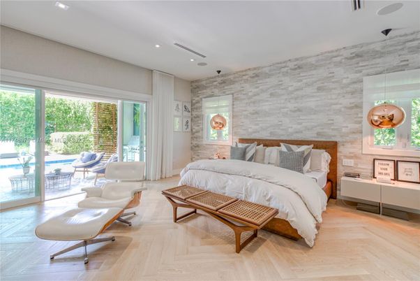 Bedroom, Interior, Recessed Lighting, Stone Walls, Wood Texture Flooring