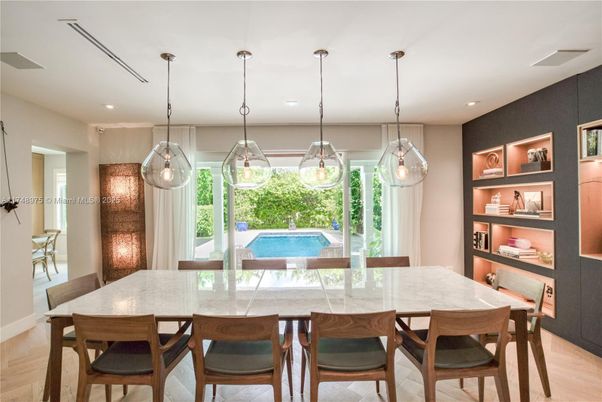 Dining room, Interior, Pendant Lights, Recessed Lighting, Wood Texture Flooring