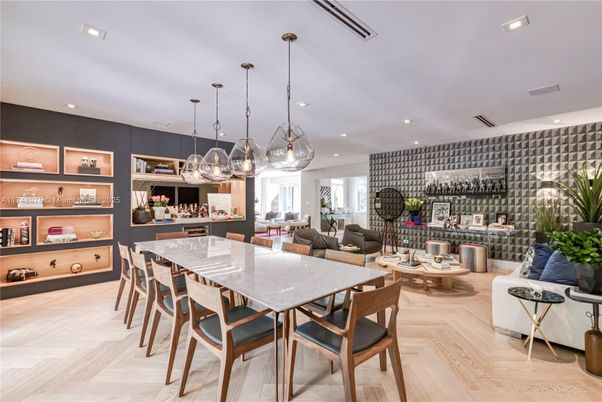 Dining room, Interior, Living room, Pendant Lights, Recessed Lighting, Wood Texture Flooring