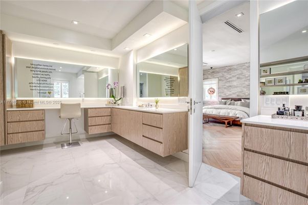 Bathroom, Bedroom, Dual Sink Vanities, Interior, Marble, Recessed Lighting, Wood Texture Flooring