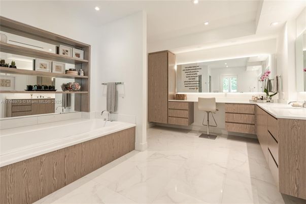 Bathroom, Dual Sink Vanities, Interior, Marble, Recessed Lighting