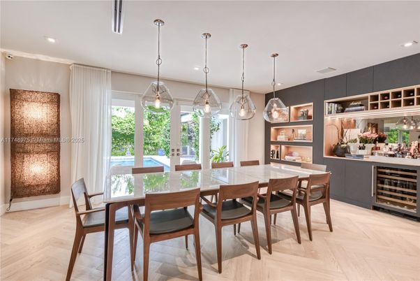 Dining room, Interior, Pendant Lights, Recessed Lighting, Wood Texture Flooring
