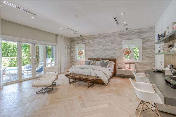Bedroom, Home Office, Interior, Recessed Lighting, Stone Walls, Wood Texture Flooring