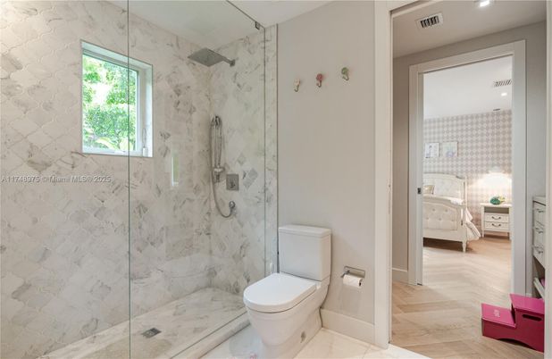 Bathroom, Glass Shower, Interior, Marble Walls, Recessed Lighting, Wood Texture Flooring