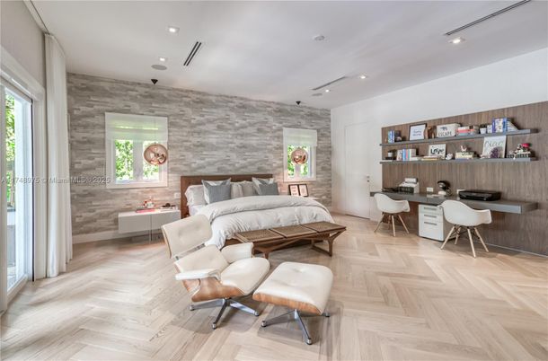 Bedroom, Home Office, Interior, Recessed Lighting, Stone Walls, Wood Texture Flooring