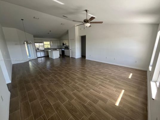 Empty room, Interior, Kitchen, Pendant Lights, Recessed Lighting, Wood Texture Flooring