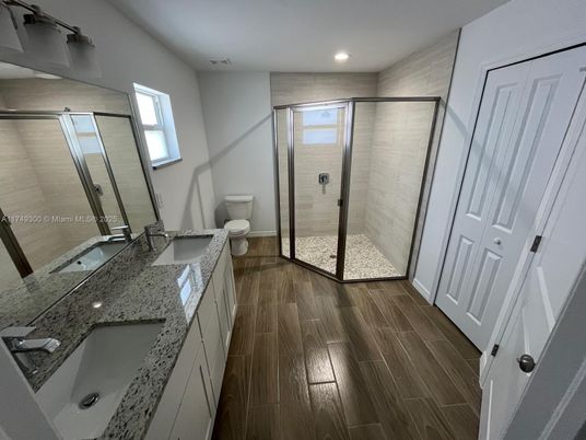 Bathroom, Glass Shower, Interior, Recessed Lighting, Wood Texture Flooring