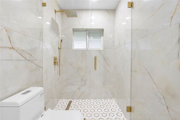 Bathroom, Glass Shower, Interior, Marble Walls, Recessed Lighting