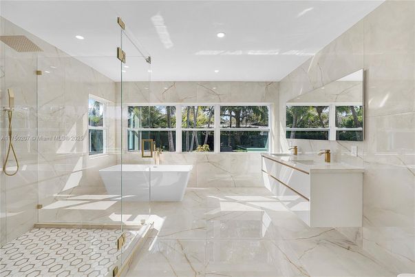 Bathroom, Dual Sink Vanities, Free Standing Baths, Glass Shower, Interior, Marble, Marble Walls, Recessed Lighting