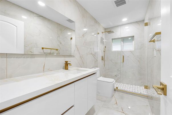 Bathroom, Glass Shower, Interior, Marble, Marble Walls, Recessed Lighting