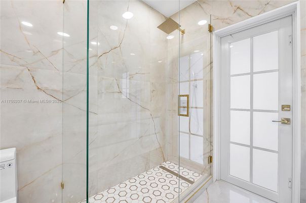 Bathroom, Glass Shower, Interior, Marble Walls, Recessed Lighting