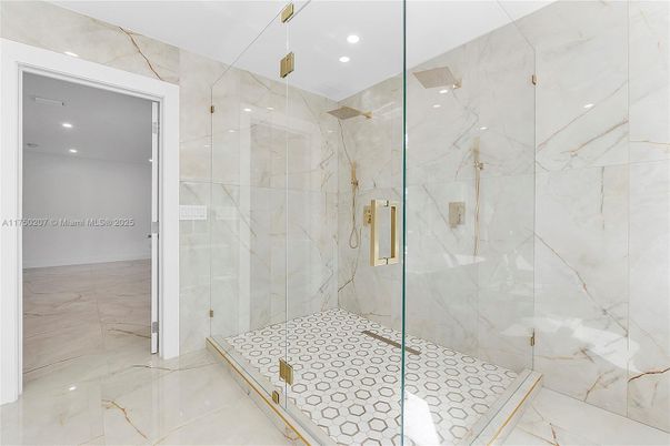 Bathroom, Glass Shower, Interior, Marble, Marble Walls, Recessed Lighting