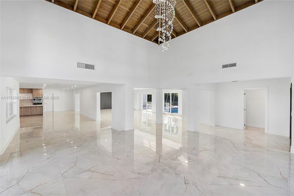 Chandelier, Empty room, Interior, Kitchen, Marble, Pendant Lights, Recessed Lighting, Wooden Beams, Wooden Ceilings